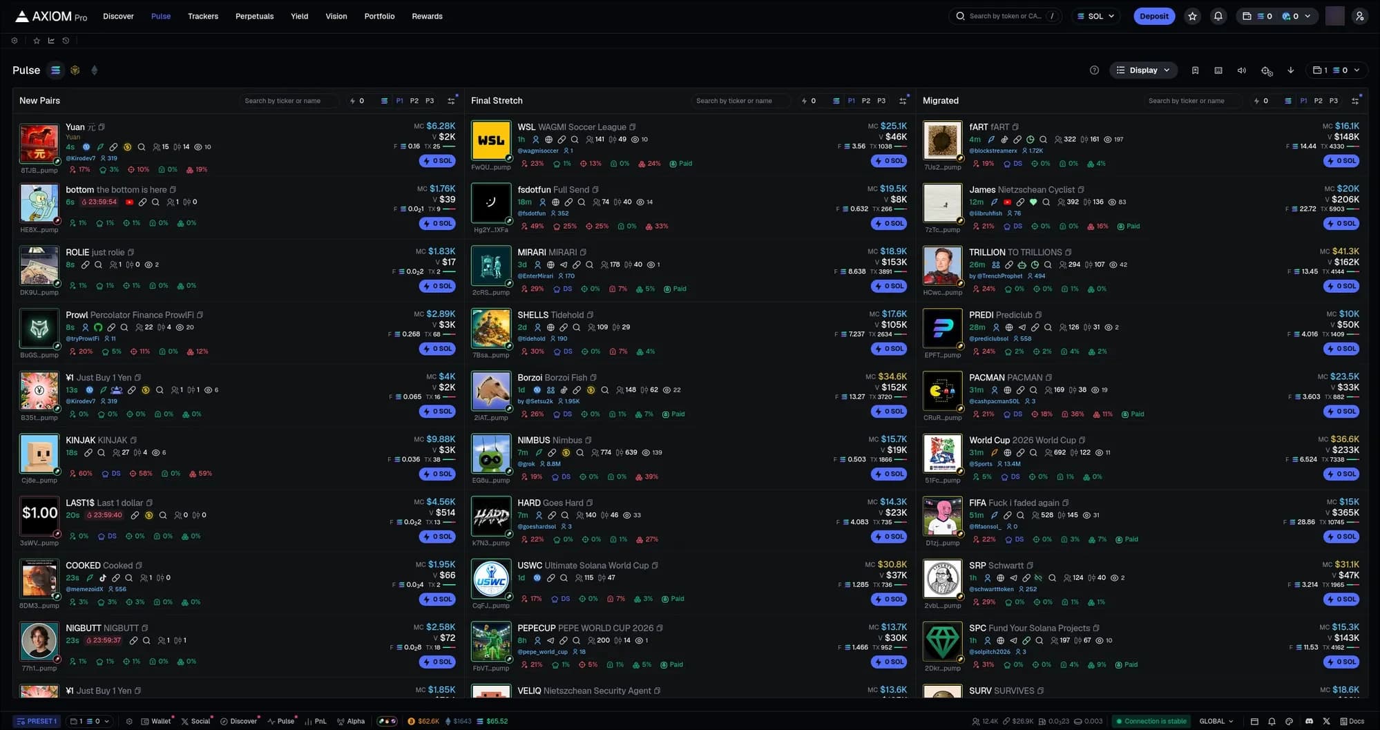 Axiom Pulse discovery feed showing three live columns: New Pairs, Final Stretch, and Migrated tokens — each with market cap, liquidity, and social signals