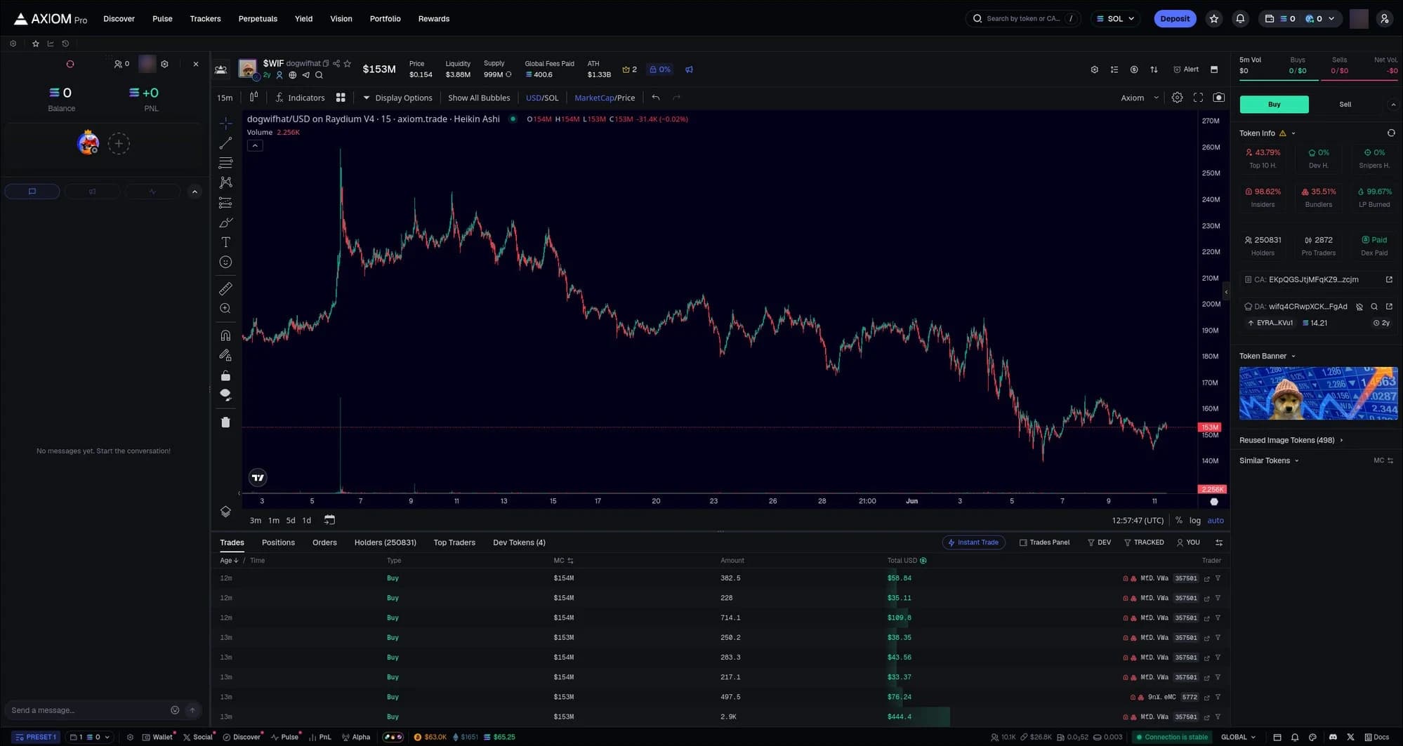 The Axiom trading terminal showing a $WIF chart with live trades feed, Instant Trade panel and the token info rail