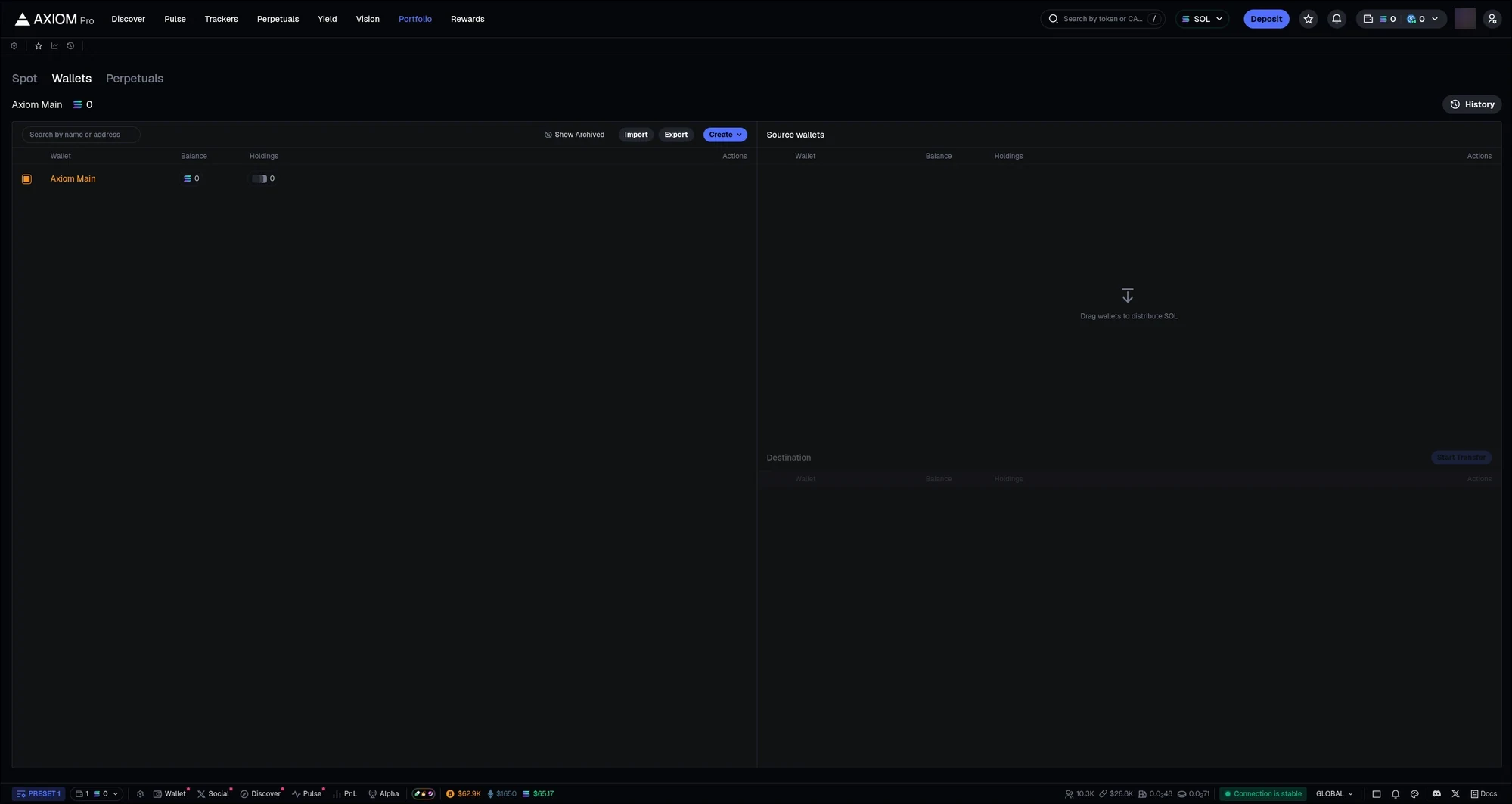 Axiom's portfolio wallet manager with import, export and create controls and drag-to-distribute SOL between wallets