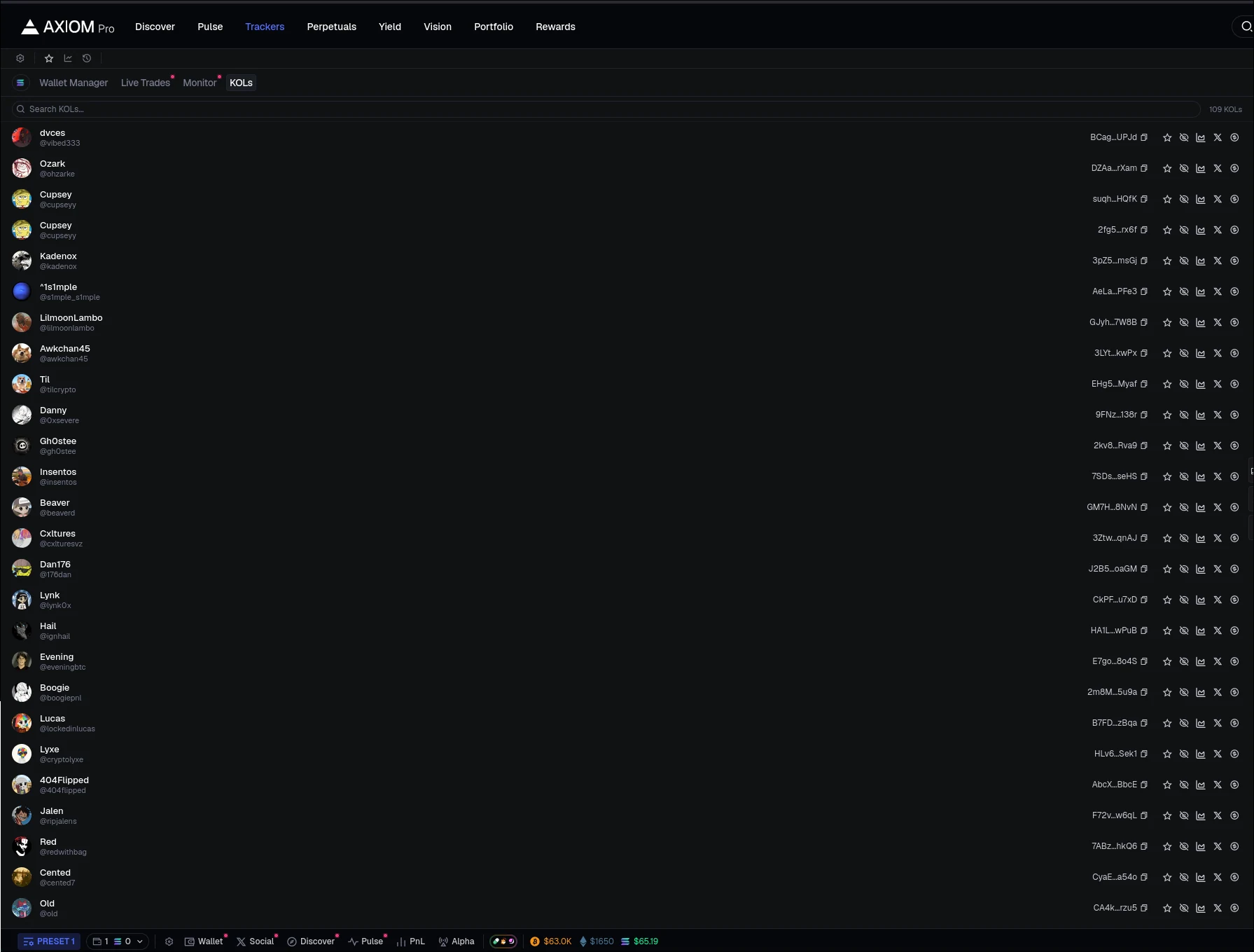 Axiom's KOL wallet tracker listing over a hundred tracked trader wallets with follow, hide and alert controls