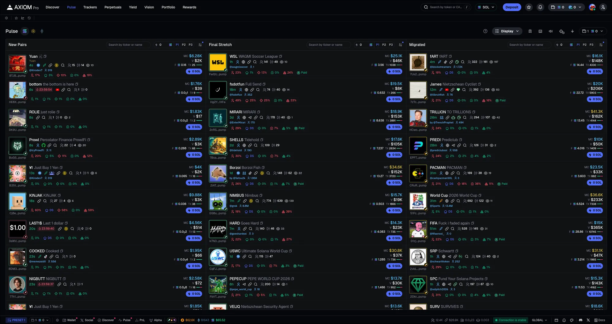 Axiom Pulse discovery feed showing three live columns: New Pairs, Final Stretch, and Migrated tokens — each with market cap, liquidity, and social signals