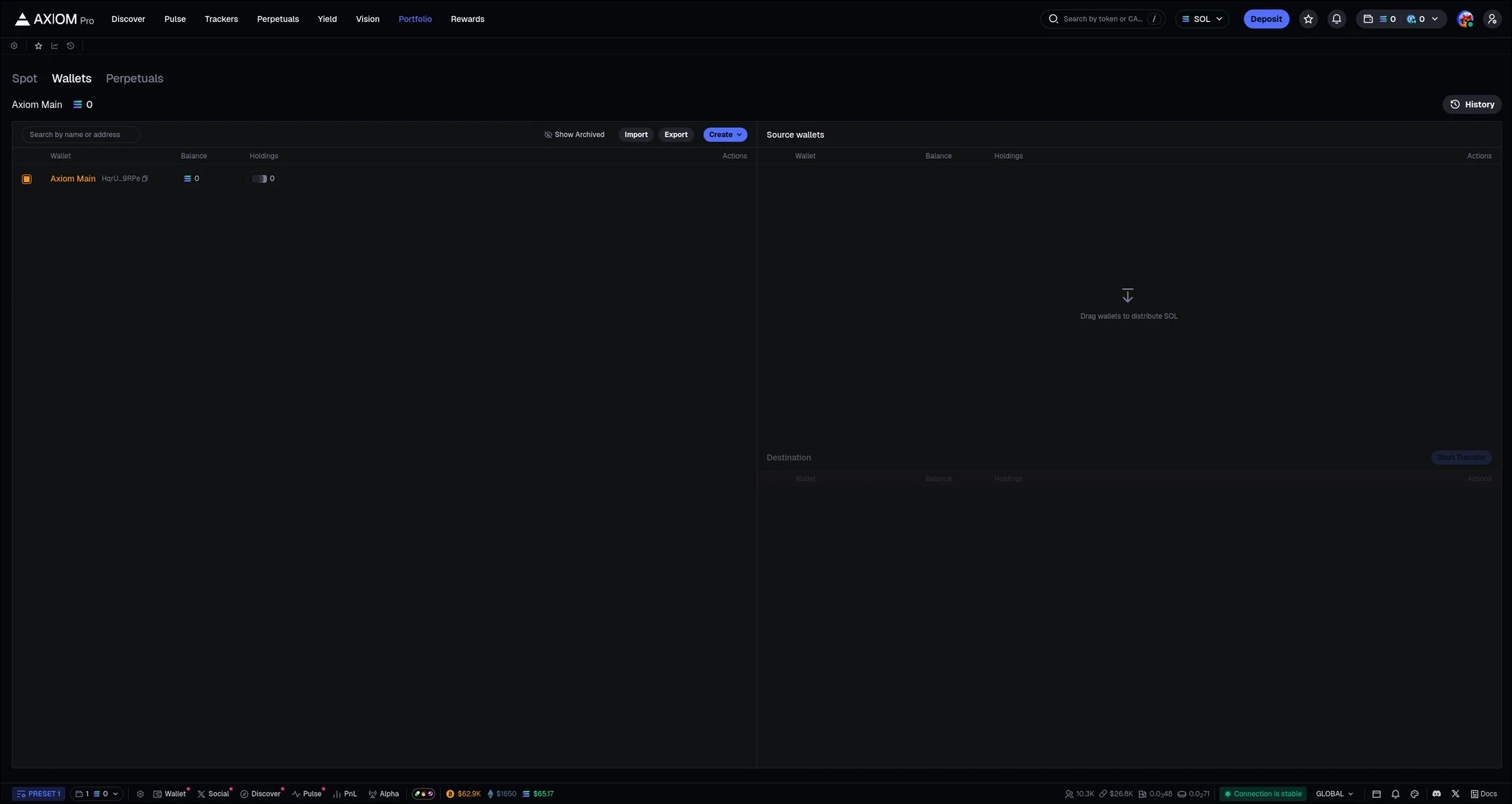 Axiom's portfolio wallet manager with import, export and create controls and drag-to-distribute SOL between wallets